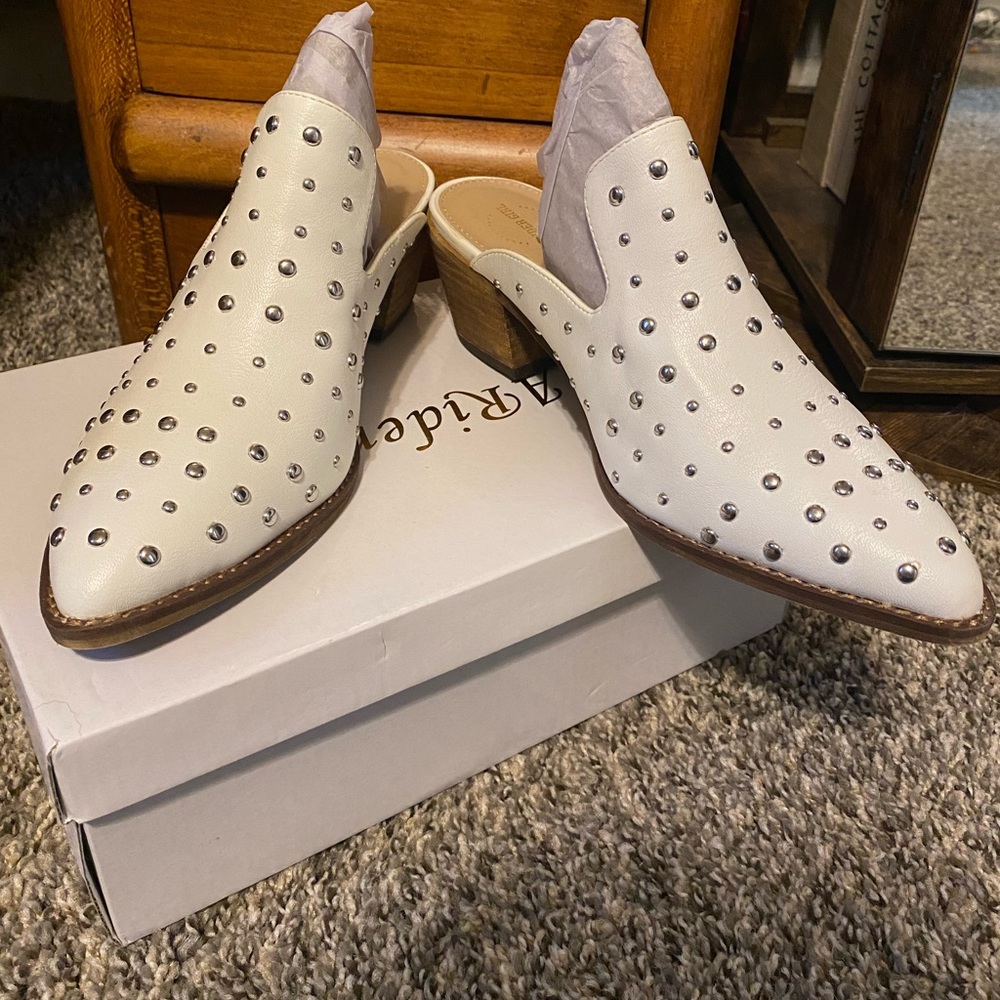 White. Studded mules. Brand new. Never worn. Size 10.